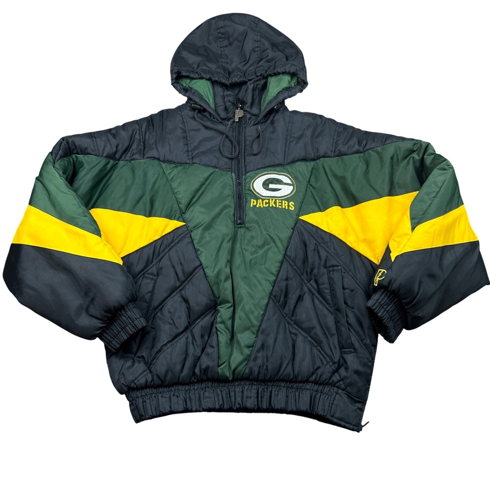 Vintage Pro Player Green Bay Packers Puffer Jacket Hooded Quarter Zip Green NICE